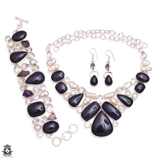 Blue Gold Stone Mystic Topaz Pearl Amethyst Bracelet Necklace Earrings SET1107