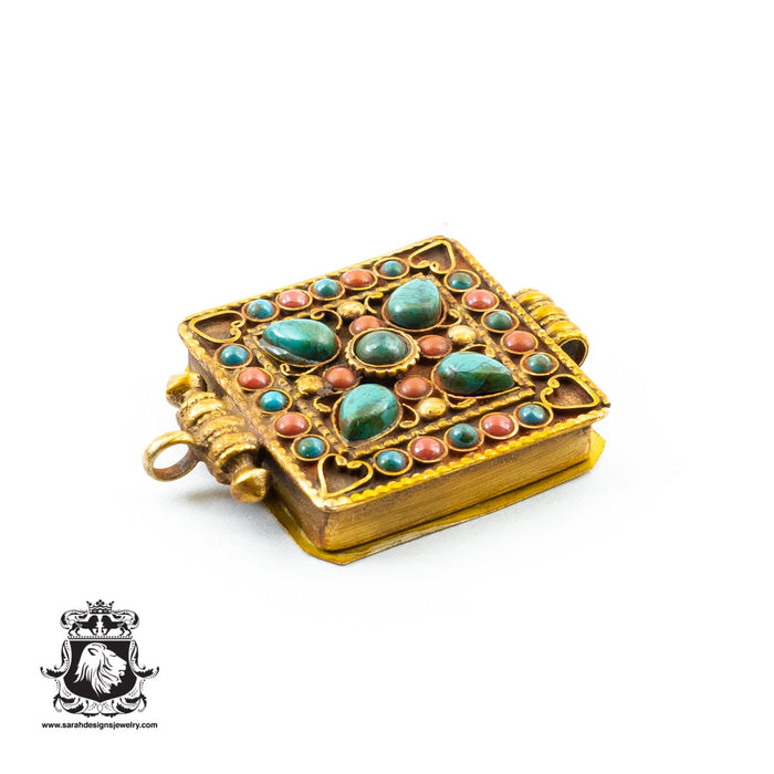 Sleeping Beauty Turquoise Coral Scripture Ghau Amulet Prayer Box Pendant Np22
