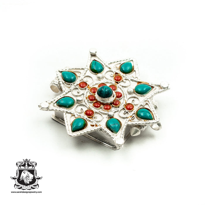 Turquoise Coral Tibetan Star Ghau Amulet Prayer Box Pendant Np37