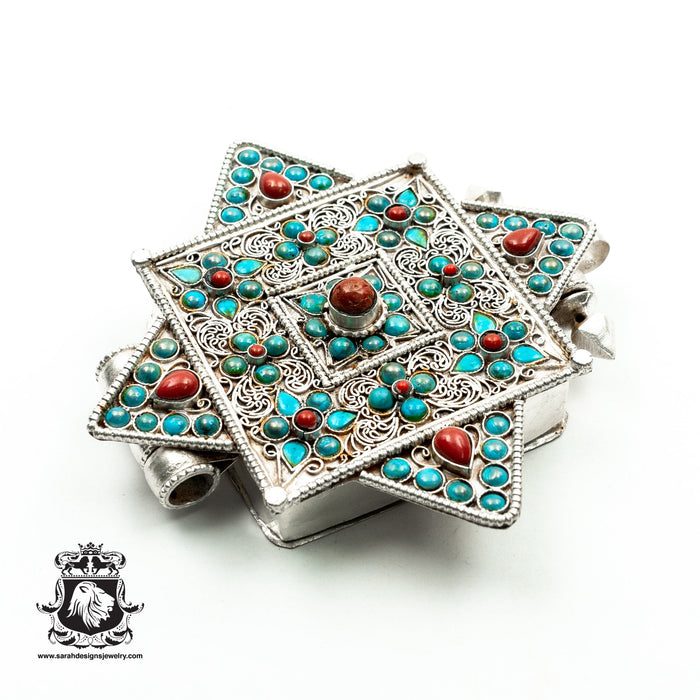 Collector Masterpiece! 5 Inch Antique Silver Turquoise Coral Tibetan Star Ghau Amulet Prayer Box Pendant Np36