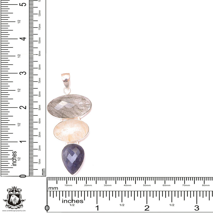 Tourmalated Rutilated Quartz Sapphire Pendant & 3MM Italian Chain P9641