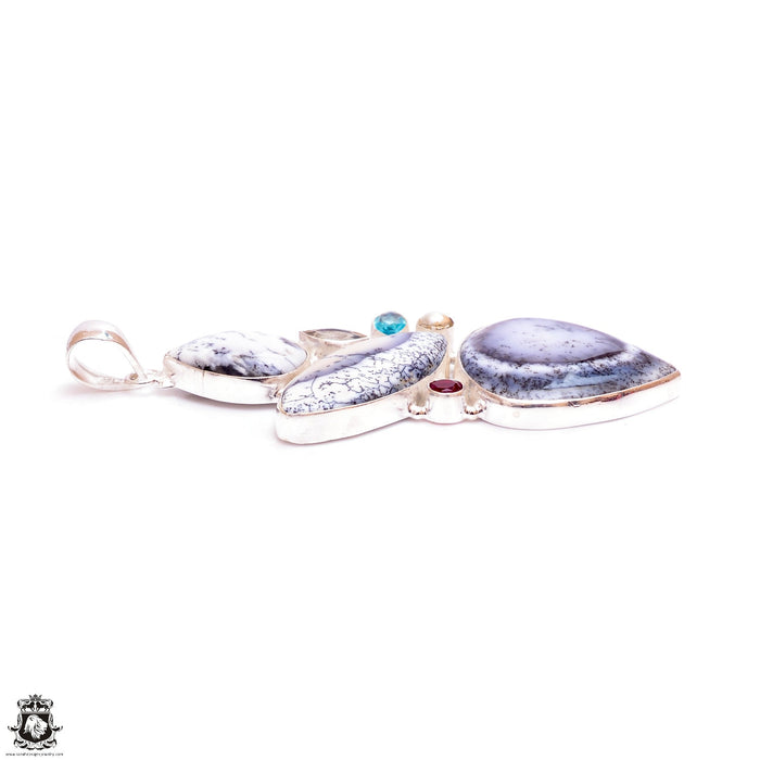 Huge Dendritic opal Blue Topaz Pearl Garnet Pendant & Chain P9443