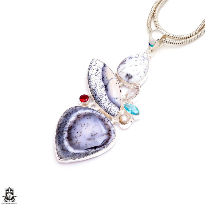 Huge Dendritic opal Blue Topaz Pearl Garnet Pendant & Chain P9443