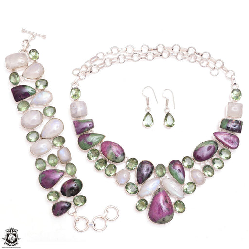 Ruby Zoisite Moonstone Green Amethyst Bracelet Necklace Earrings SET1130