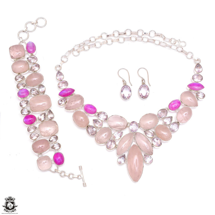 Lilac Amethyst Pink Moonstone Necklace Bracelet Earrings SET1155