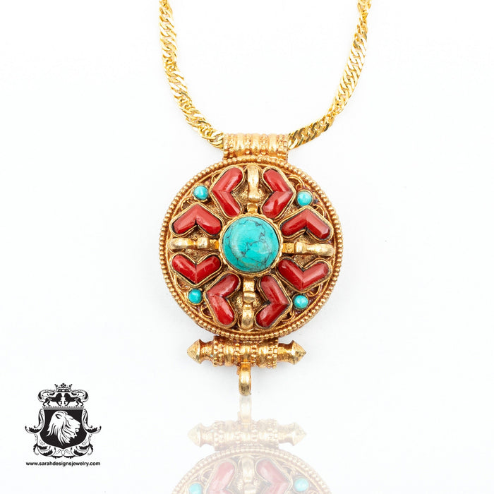 Antique Coral Turquoise Supreme Ghau Amulet Prayer Box Pendant Np17