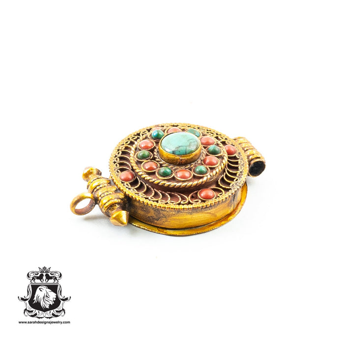 Antique Coral Turquoise Ghau Amulet Prayer Box Pendant Np25