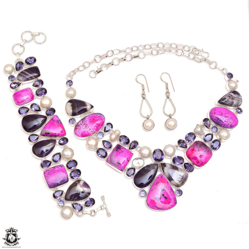 Pink Dendritic Opal Chevron Amethyst Necklace Bracelet Earrings SET1142