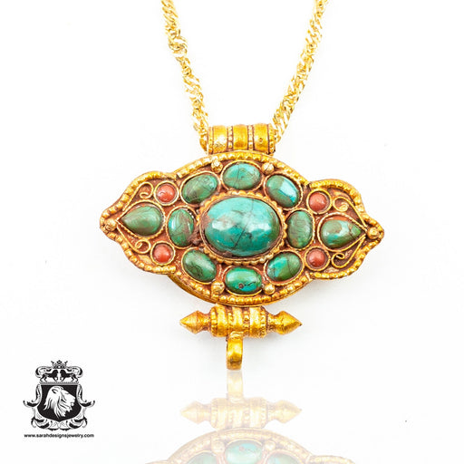 Divine Amulet Antique Coral Turquoise Ghau Amulet Prayer Box Pendant Np27