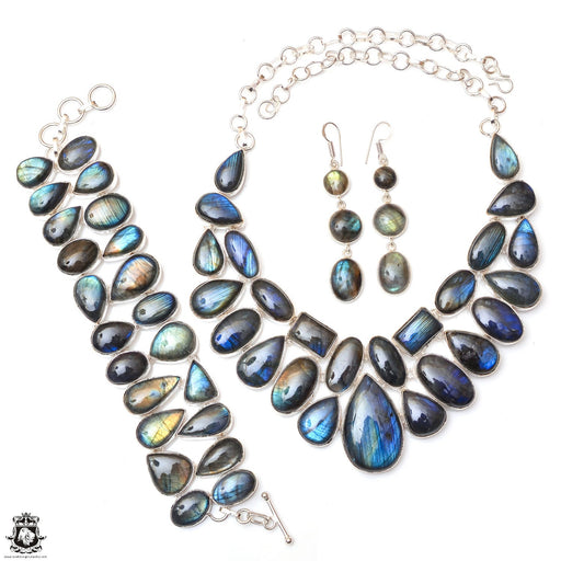 Supreme Grade Blue Fire Labradorite Silver Earrings Bracelet Necklace Set SET1160