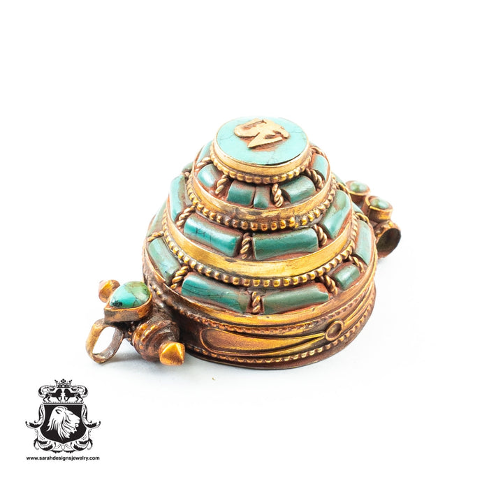 Legendary Masterpiece 3D Gold brushed Antique Turquoise Inlay OM Prayer Box Pendant Np28