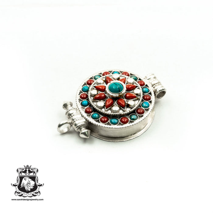 Polished Silver Coral Turquoise CHAKRA Ghau Amulet Prayer Box Pendant Np41