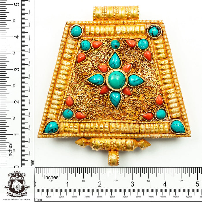 Legendary Rare Find 5 Inch Gold Brushed Turquoise Coral Prayer Box Pendant Np31