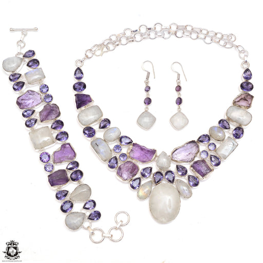 Moonstone Amethyst Necklace Bracelet Dangle & Drop Earrings SET1141