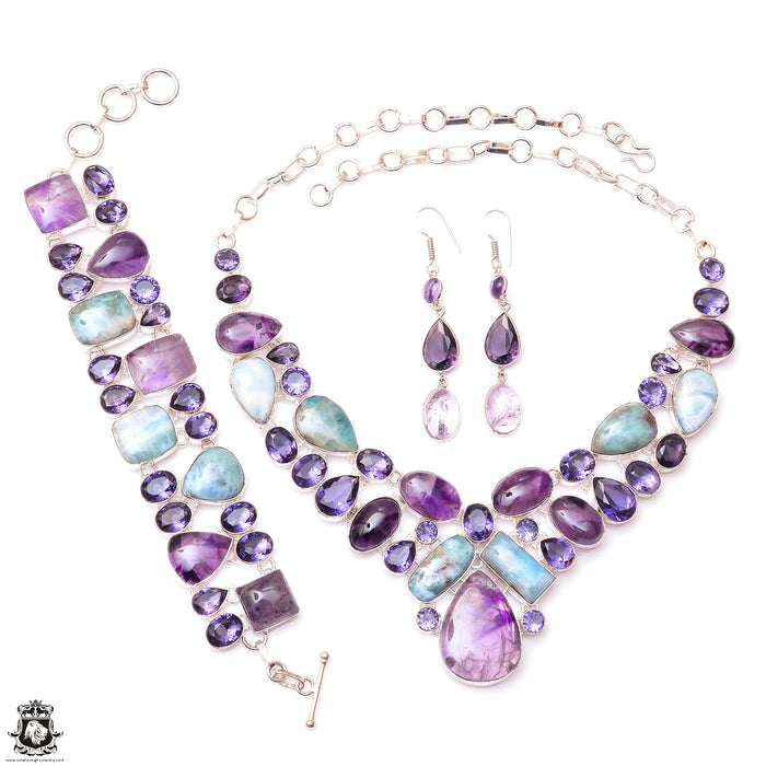 Tripache Amethyst Larimar Silver Earrings Bracelet Necklace Set SET1191