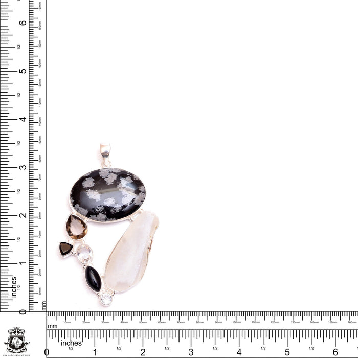 Smoky Topaz Aura Quartz Snowflake Obsidian Silver Pendant & Chain P9525