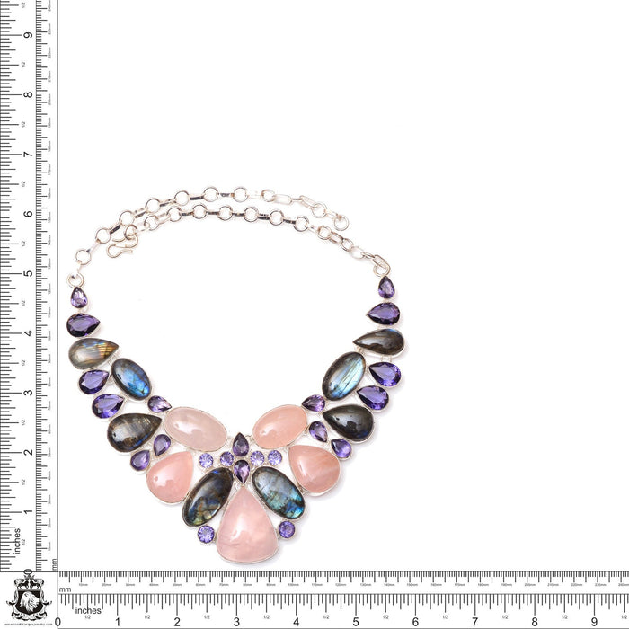 Labradorite Rose Quartz Amethyst Silver Earrings Bracelet Necklace Set SET1167