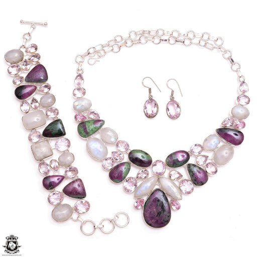 Ruby Zoisite Moonstone Rose Quartz Bracelet Necklace Earrings SET1113
