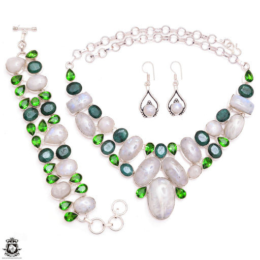 Moonstone Emerald Peridot Bracelet Necklace Dangle Earrings SET1124