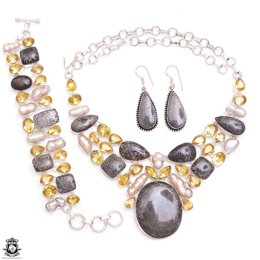 Stingray Fossil Citrine Pearl Bracelet Necklace Dangle Earrings SET1133