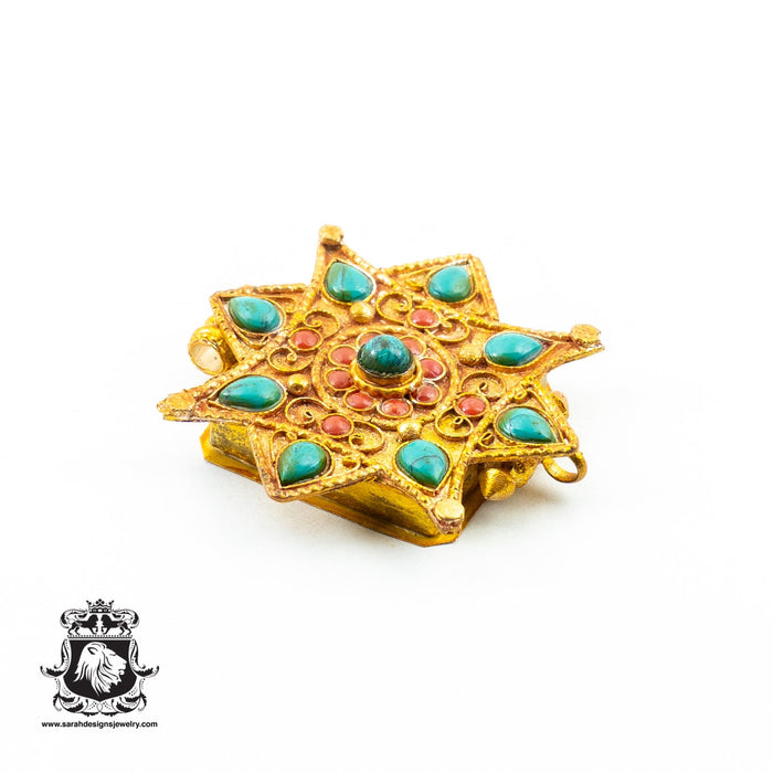 Antique Turquoise Coral Tibetan Star Ghau Amulet Prayer Box Pendant Np19