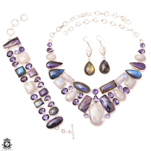 Moonstone Charoite Labradorite Silver Earrings Bracelet Necklace Set SET1232