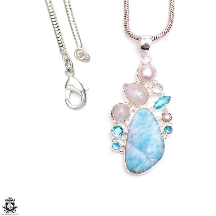 Rare Larimar Pearl Blue Topaz Moonstone Pendant & Chain P9405