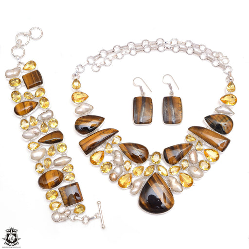 Tiger's Eye Pearl Citrine Necklace Bracelet Dangle Earrings SET1147
