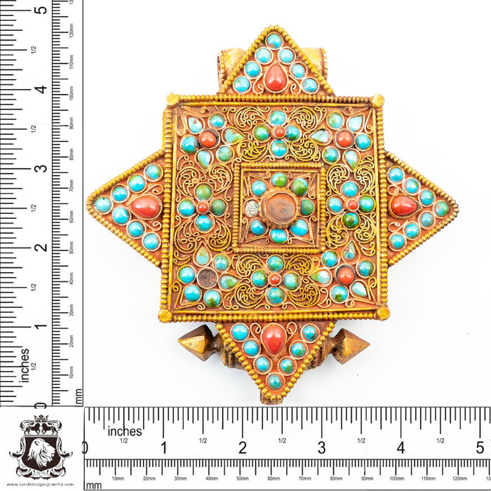 Largest of its kind! 5 Inch Turquoise Coral Tibetan Star Prayer Box Pendant Np19