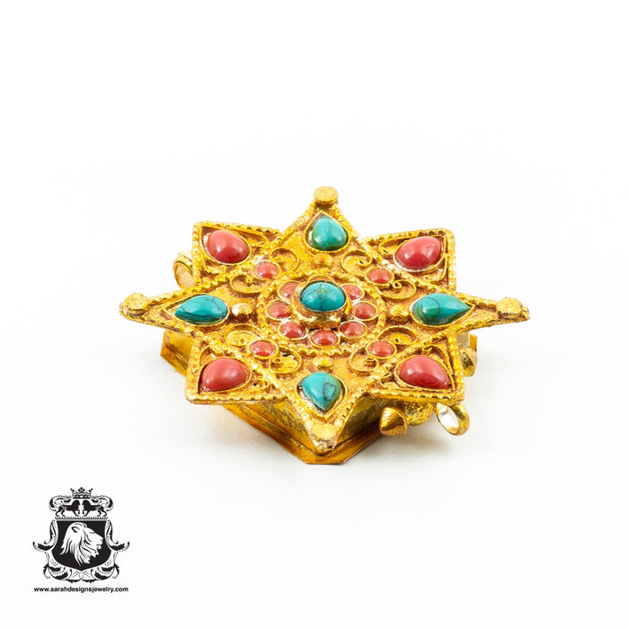 Turquoise Coral Tibetan Star Ghau Amulet Prayer Box Pendant Np20