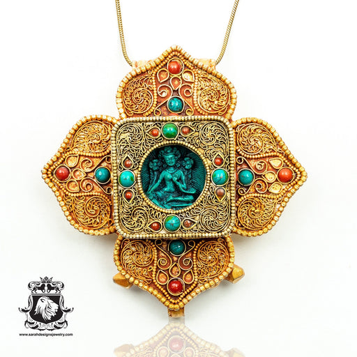 4 Inch GREEN TARA Turquoise Coral Tibetan Ghau LOTUS Prayer Box Pendant Np47