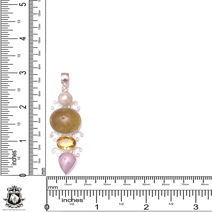 Rutilated Quartz Kunzite Citrine Pearl Pendant & 3MM Italian Chain P9756