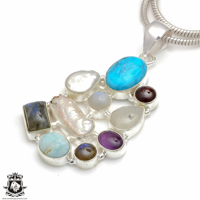 3 Inch Turquoise Pearl Moonstone Pendant & Chain P8996