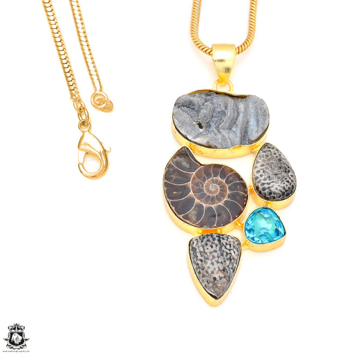 3.6 Inch Ammonite Stingray Coral 24K Gold Plated Pendant Snake Chain GP225