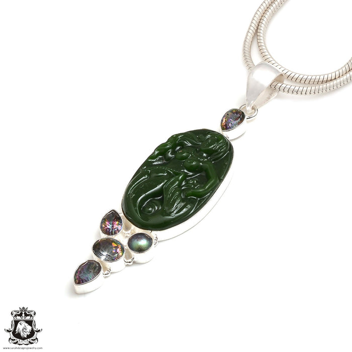 5 Inch Genuine Jade Mermaid Mystic Topaz Carving Silver Pendant & Chain   P9109