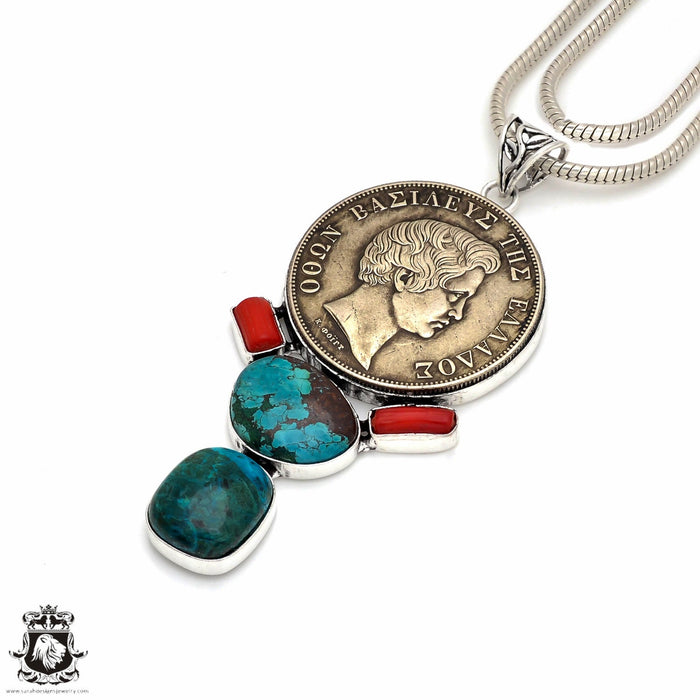 Turquoise Coral Reissued Greek Pendant 4MM Snake Chain P8673
