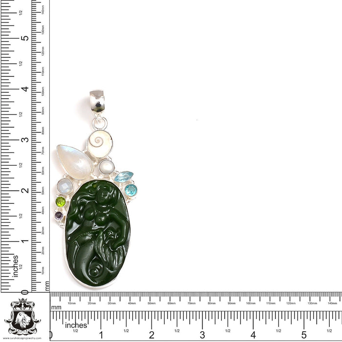 Genuine Jade Carved Mermaid Moonstone Pendant & Chain P9066