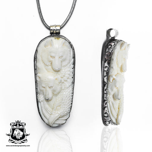Eagle Bear  Carving Silver Pendant & Chain N515