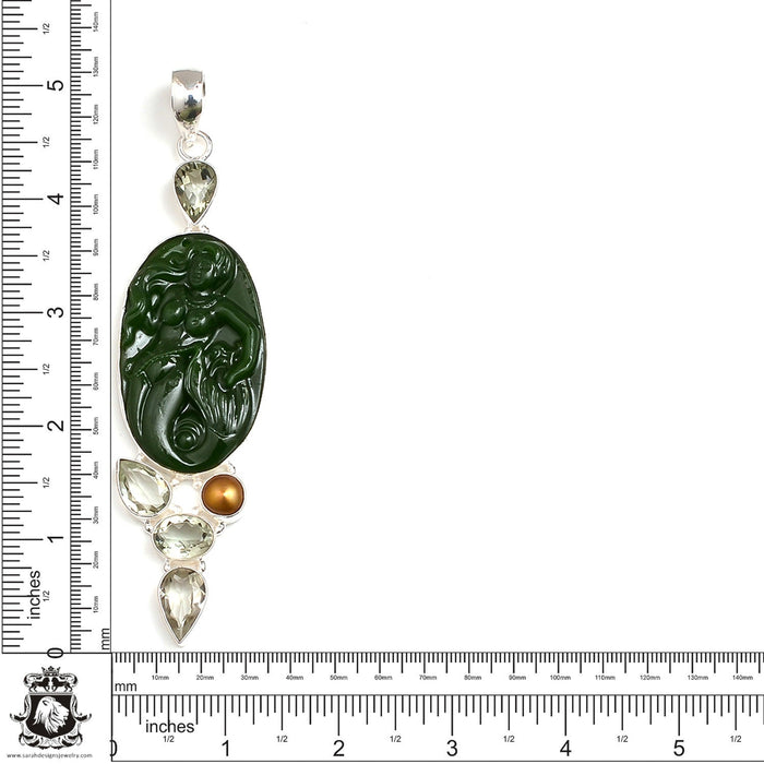 Genuine Jade Carved Mermaid Carving Silver Pendant & Chain P9100