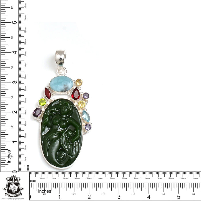 Genuine Jade Mermaid Carving Silver Pendant & Chain P9152