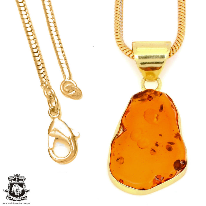 Pressed Cognac Amber 24K Gold Plated Pendant 3mm Snake Chain GPH1323