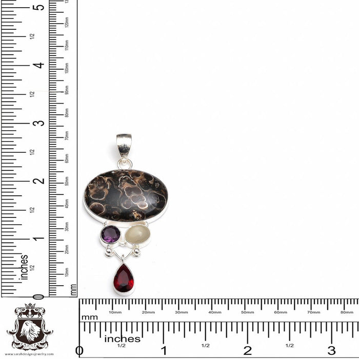 Turritella Fossil Amethyst Garnet Peach Moonstone Pendant & Chain P9145