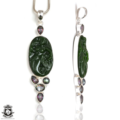 5 Inch Genuine Jade Mermaid Mystic Topaz Carving Silver Pendant & Chain   P9109