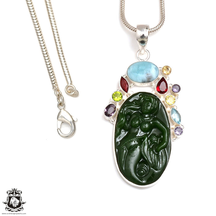 Genuine Jade Mermaid Carving Silver Pendant & Chain P9152