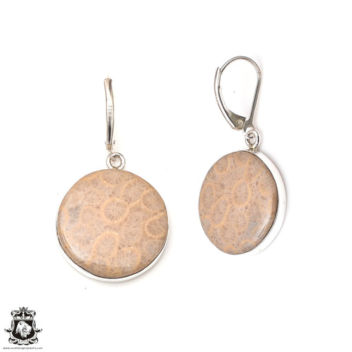 1.5 Inch Circle Shaped Fossil Coral 925 SOLID Sterling Silver Leverback Earrings E152