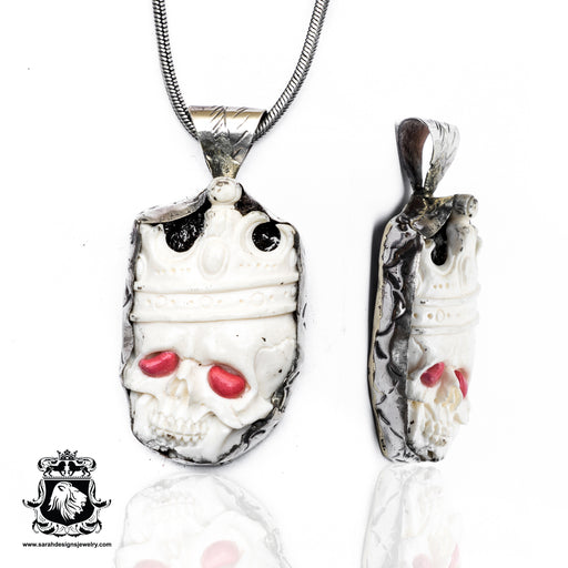 Red Eyed King Skull  Carving Silver Pendant & Chain N246