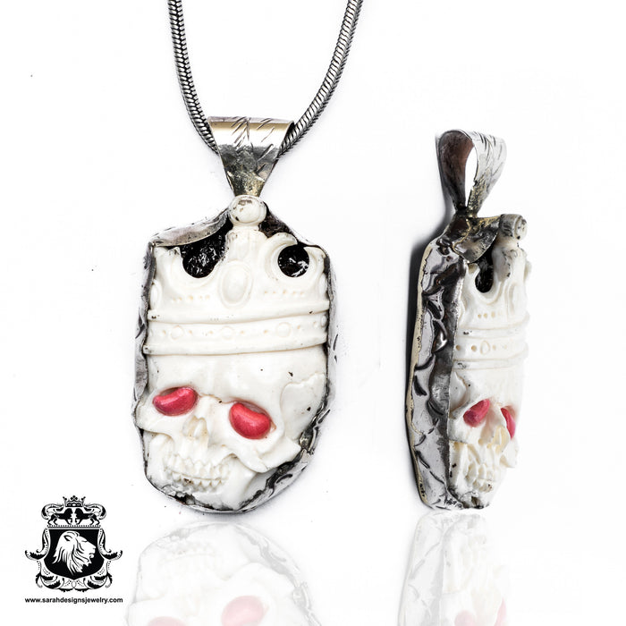 Red Eyed King Skull  Carving Silver Pendant & Chain N246