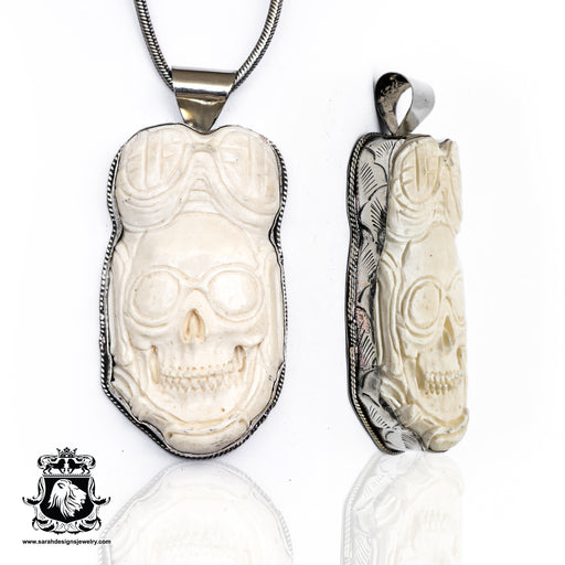 Aviator Skull  Carving Silver Pendant & Chain N127
