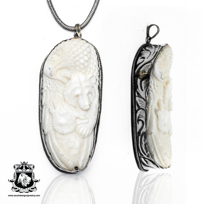 Bear Wolf Eagle  Carving Silver Pendant & Chain N448