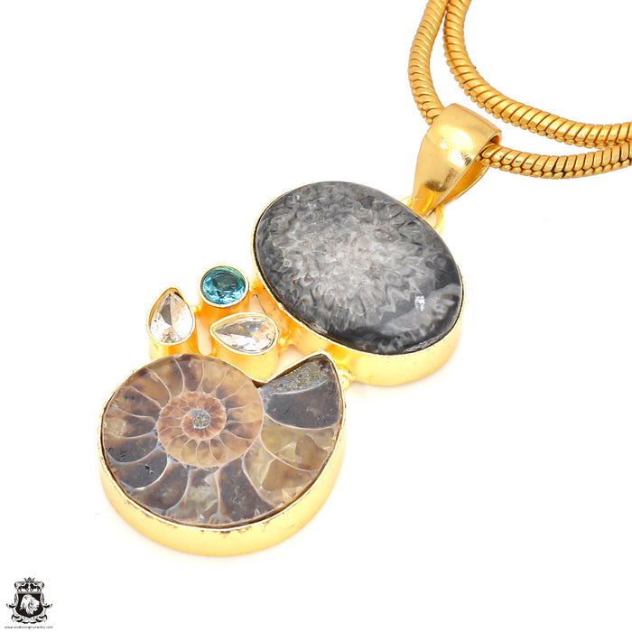 Stingray Coral Ammonite 24K Gold Plated Pendant 3mm Snake Chain GP235